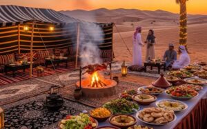 وليمة بوفيه صحراوية لعشاق الشواء التقليدي المتنوع ومشاوي نار المخيم المشتعلة وخيمة بأدوية تقليدية في صحراء دبي عند غروب الشمس.